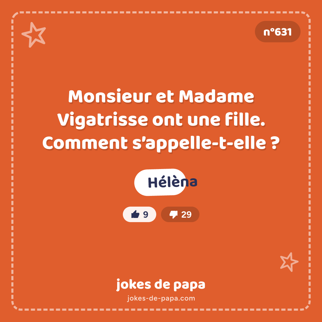 Blague n°631 en image : Monsieur et Madame Vigatrisse ont une fille. Comment s’appelle-t-elle ? Hélèna