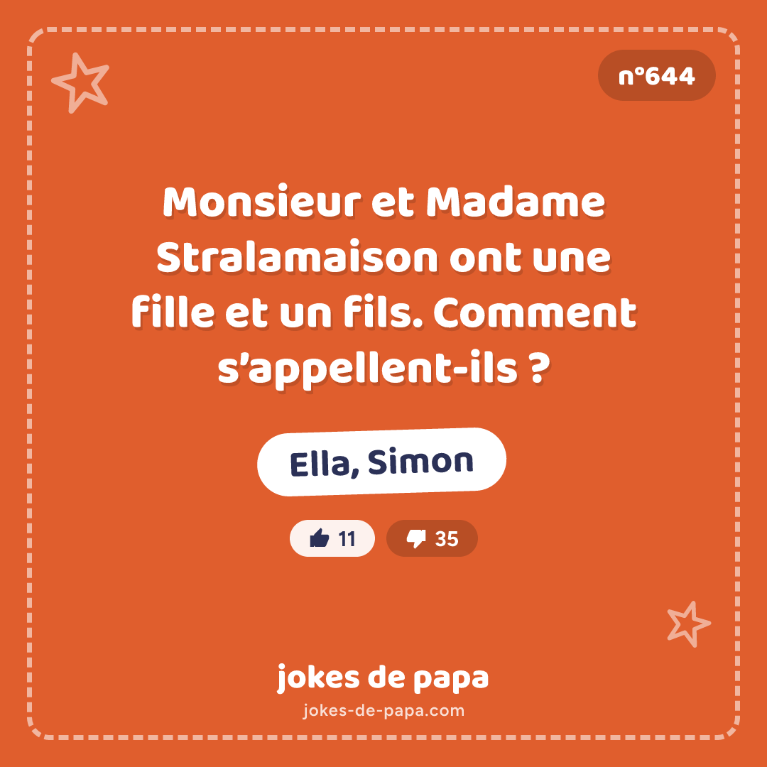 Blague n°644 en image : Monsieur et Madame Stralamaison ont une fille et un fils. Comment s’appellent-ils ? Ella, Simon