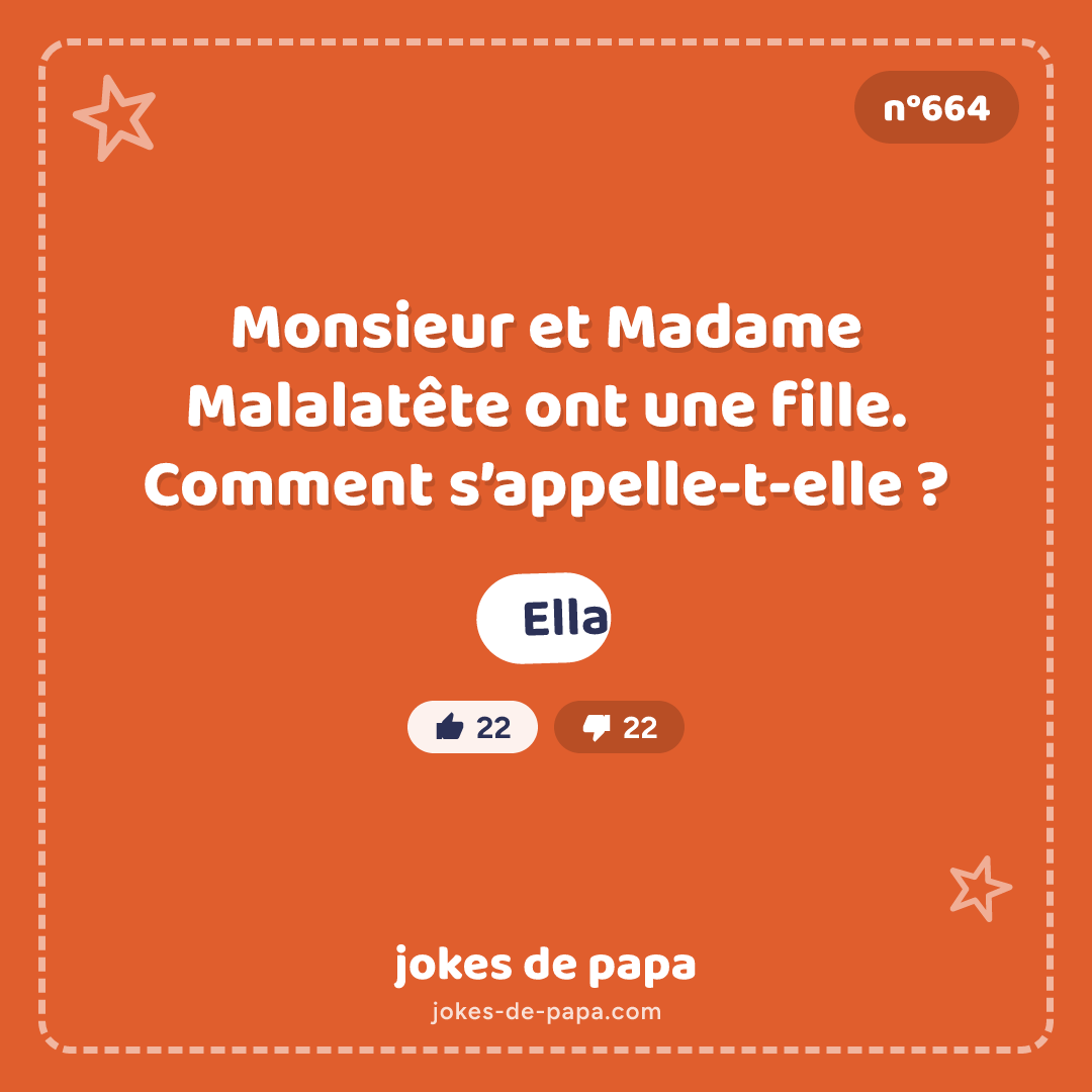 Blague n°664 en image : Monsieur et Madame Malalatête ont une fille. Comment s’appelle-t-elle ? Ella