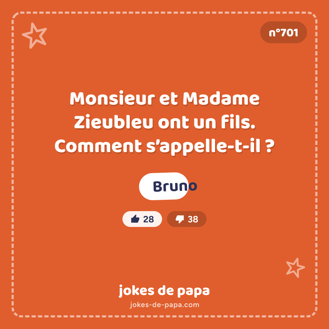 Blague n°701 en image : Monsieur et Madame Zieubleu ont un fils. Comment s’appelle-t-il ? Bruno
