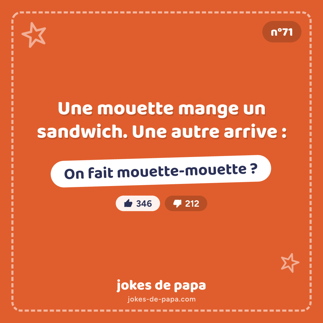 Blague n°71 en image : Une mouette mange un sandwich. Une autre arrive : On fait mouette-mouette ?
