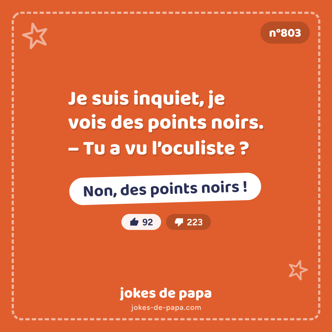 Blague n°803 en image : Je suis inquiet, je vois des points noirs. – Tu a vu l’oculiste ? – Non, des points noirs !