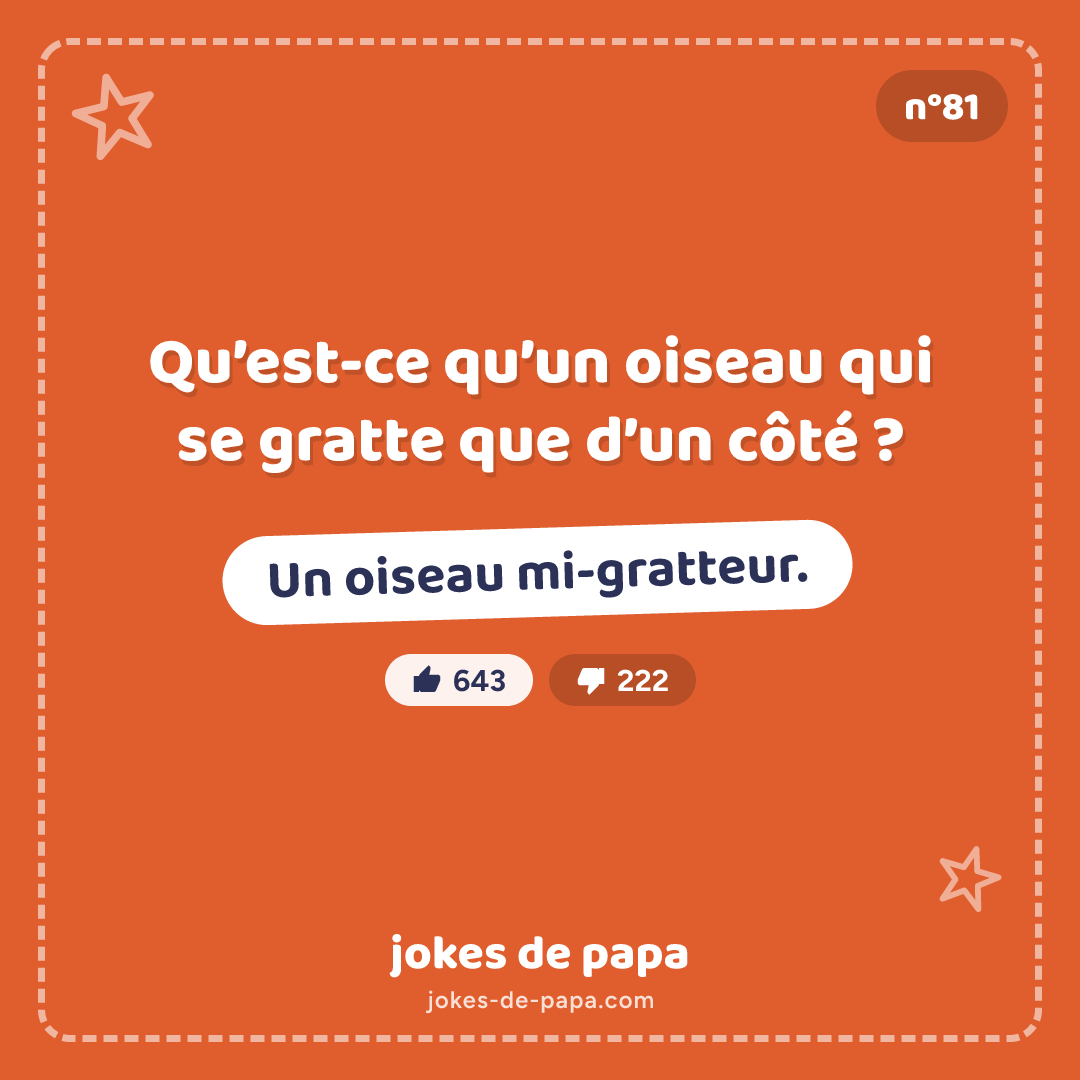Blague n°81 en image : Qu’est-ce qu’un oiseau qui se gratte que d’un côté ? Un oiseau mi-gratteur.