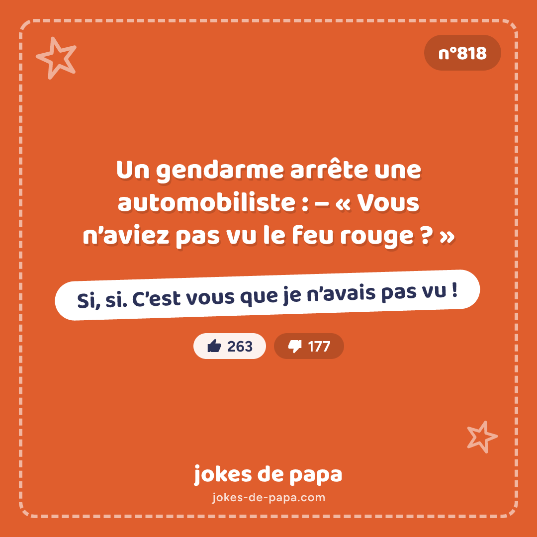 Blague n°818 en image : Un gendarme arrête une automobiliste : – « Vous n’aviez pas vu le feu rouge ? » – Si, si. C’est vous que je n’avais pas vu !
