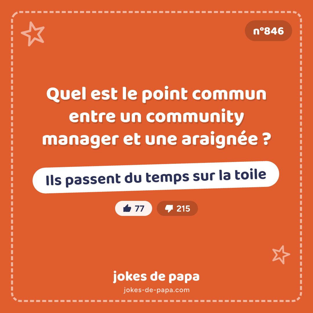 Blague n°846 en image : Quel est le point commun entre un community manager et une araignée ? Ils passent du temps sur la toile
