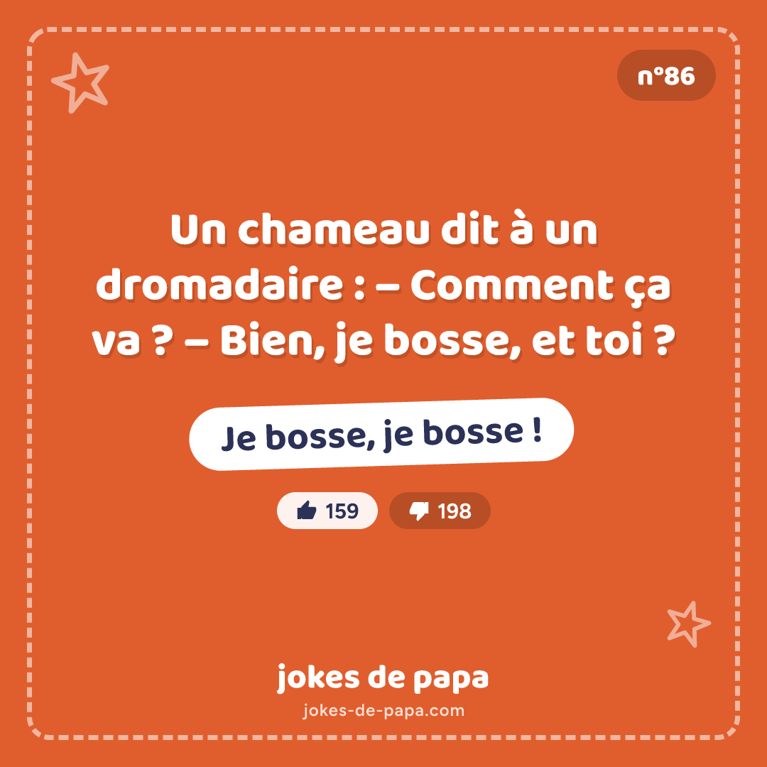 Blague n°86 en image : Un chameau dit à un dromadaire : – Comment ça va ? – Bien, je bosse, et toi ? – Je bosse, je bosse !