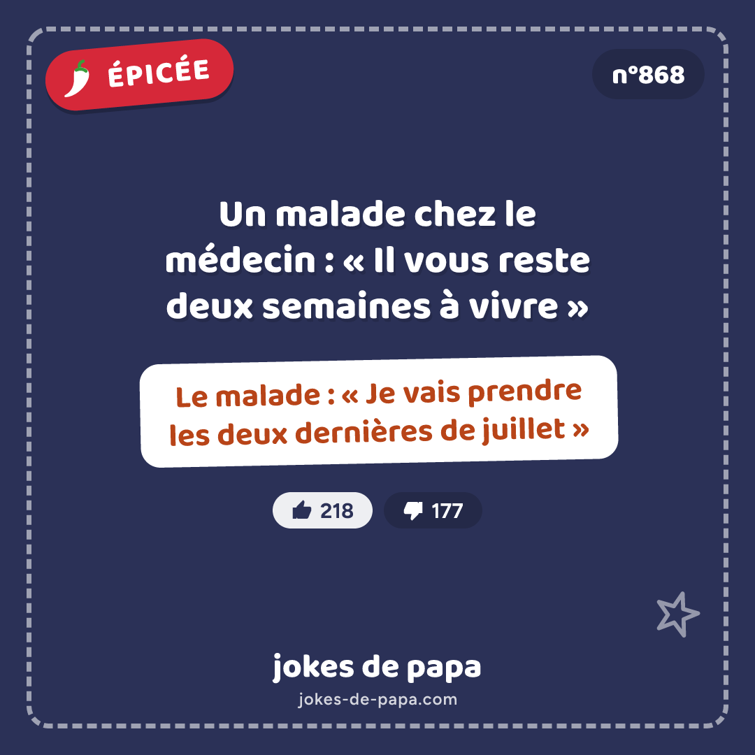 Blague n°868 en image : Un malade chez le médecin : « Il vous reste deux semaines à vivre » Le malade : « Je vais prendre les deux dernières de juillet »