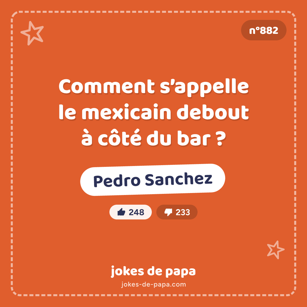 Blague n°882 en image : Comment s’appelle le mexicain debout à côté du bar ? Pedro Sanchez