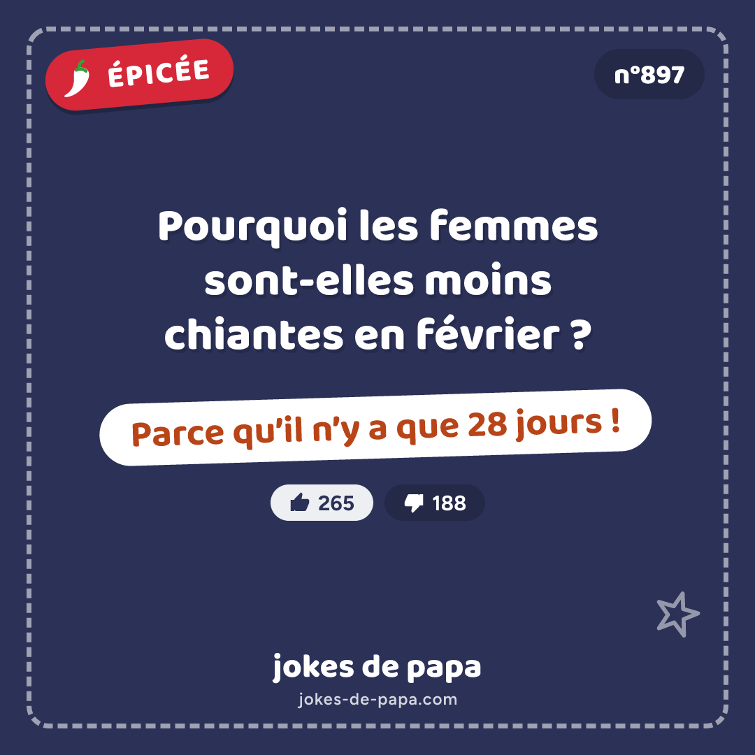 Blague n°897 en image : Pourquoi les femmes sont-elles moins chiantes en février ? Parce qu’il n’y a que 28 jours !