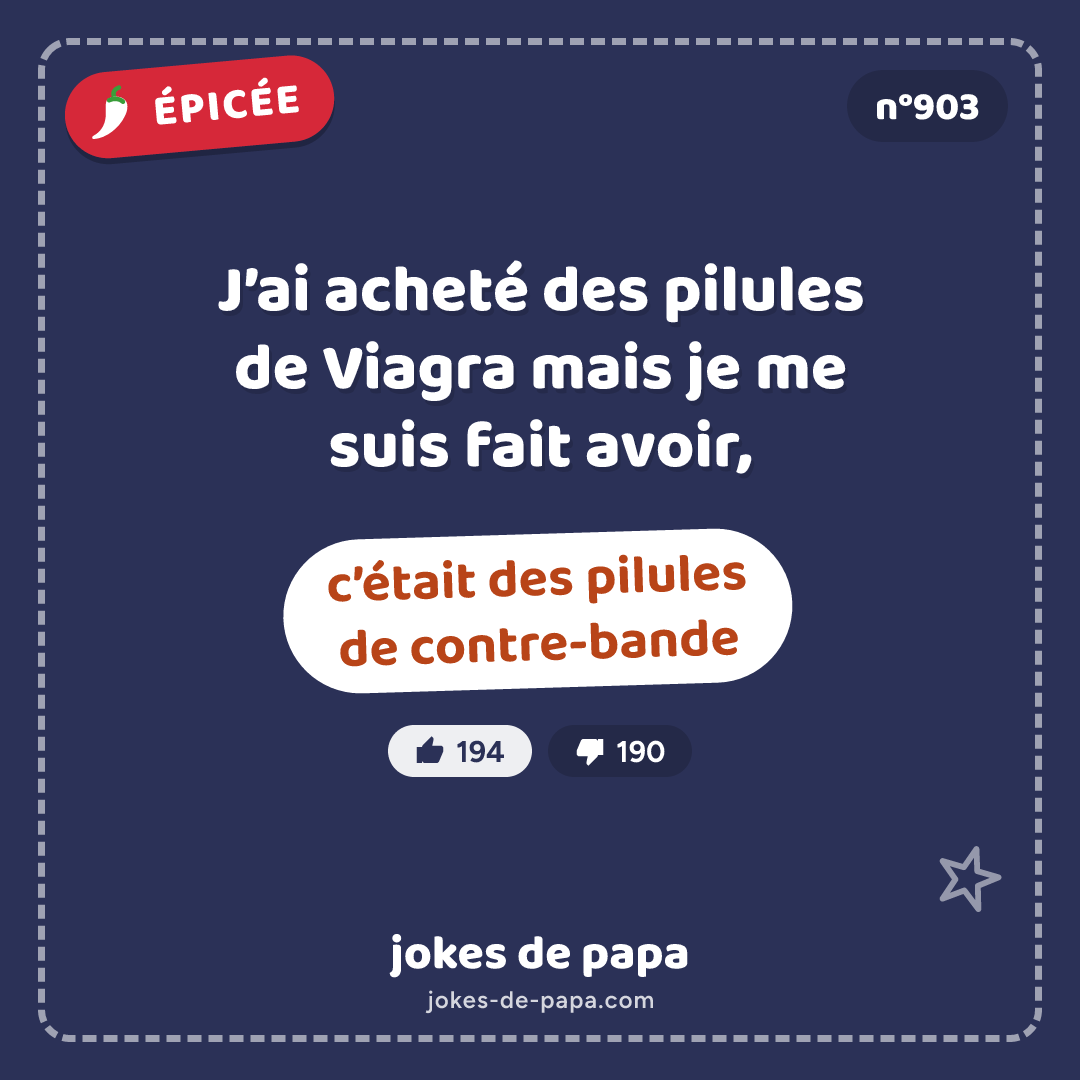 Blague n°903 en image : J’ai acheté des pilules de Viagra mais je me suis fait avoir, c’était des pilules de contre-bande
