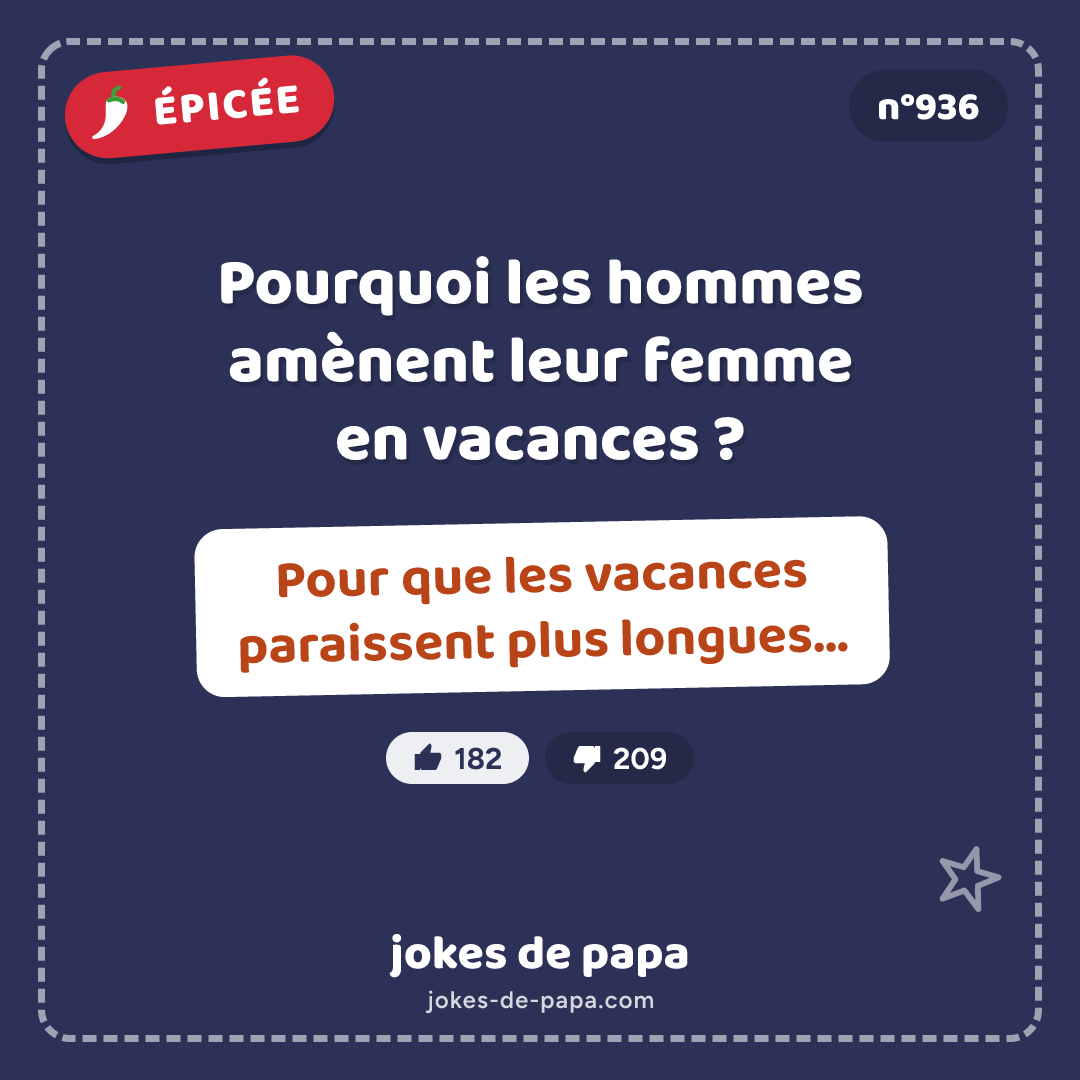 Blague n°936 en image : Pourquoi les hommes amènent leur femme en vacances ? Pour que les vacances paraissent plus longues…