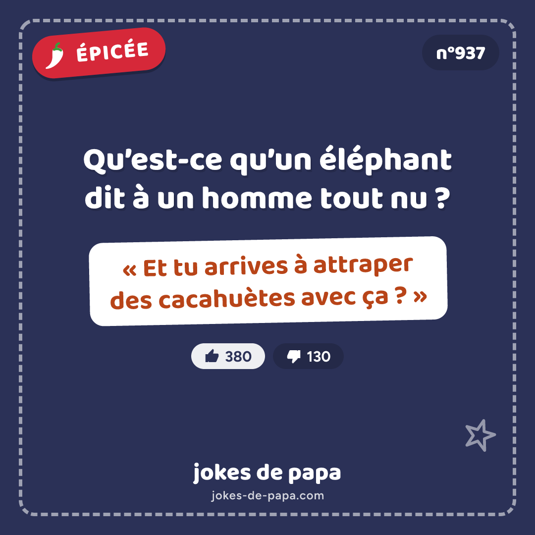 Blague n°937 en image : Qu’est-ce qu’un éléphant dit à un homme tout nu ? « Et tu arrives à attraper des cacahuètes avec ça ? »