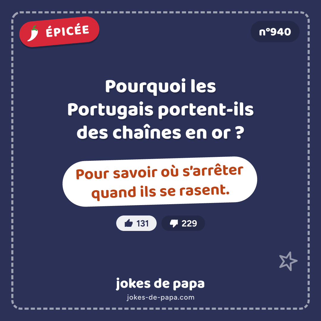 Blague n°940 en image : Pourquoi les Portugais portent-ils des chaînes en or ? Pour savoir où s’arrêter quand ils se rasent.
