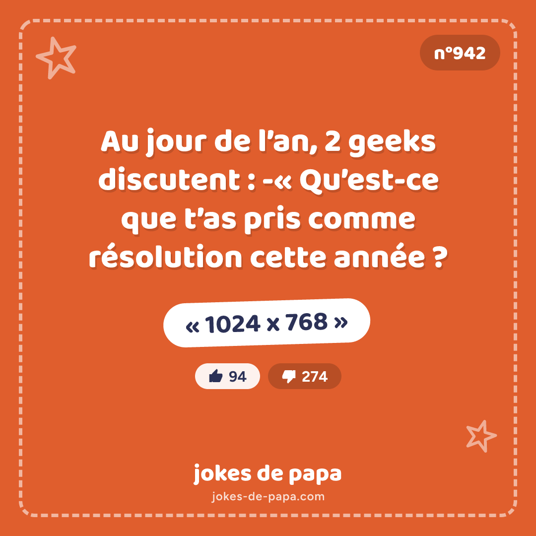 Blague n°942 en image : Au jour de l’an, 2 geeks discutent : -« Qu’est-ce que t’as pris comme résolution cette année ? – « 1024 x 768 »