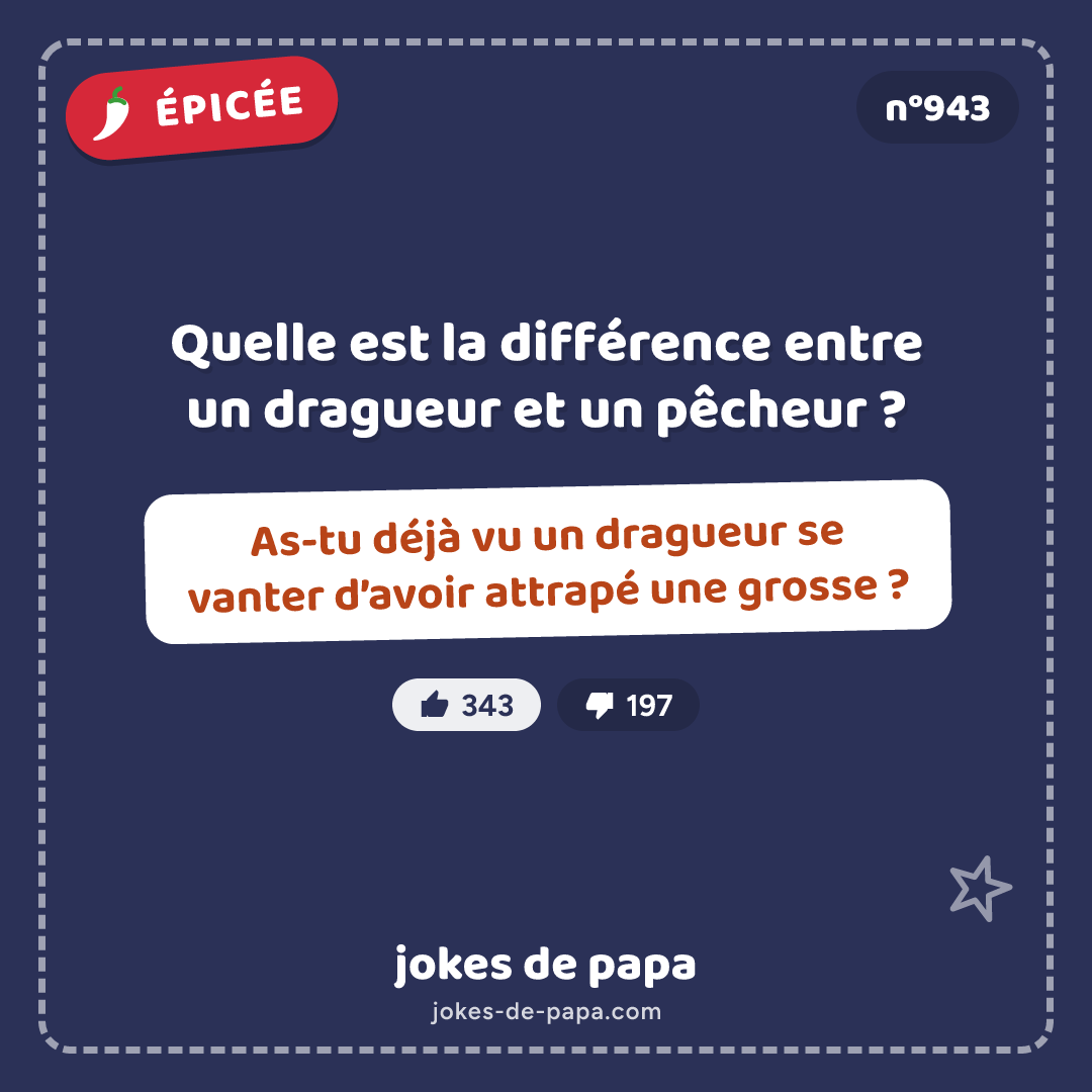 Blague n°943 en image : Quelle est la différence entre un dragueur et un pêcheur ? As-tu déjà vu un dragueur se vanter d’avoir attrapé une grosse ?