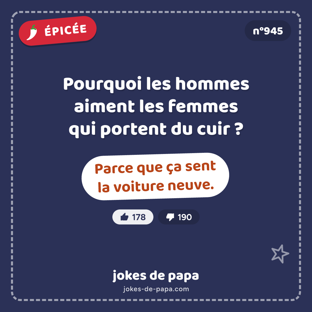 Blague n°945 en image : Pourquoi les hommes aiment les femmes qui portent du cuir ? Parce que ça sent la voiture neuve.