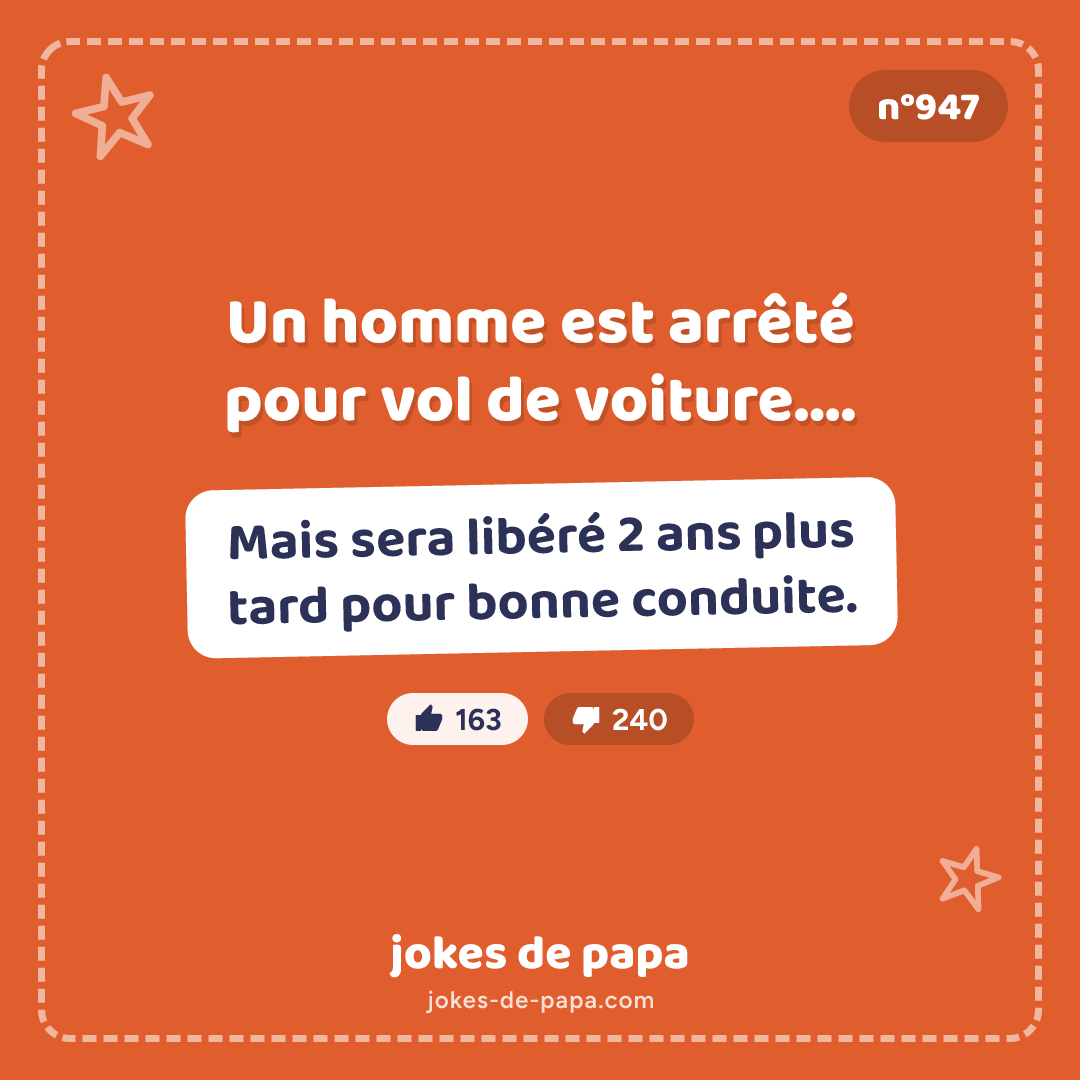 Blague n°947 en image : Un homme est arrêté pour vol de voiture…. Mais sera libéré 2 ans plus tard pour bonne conduite.