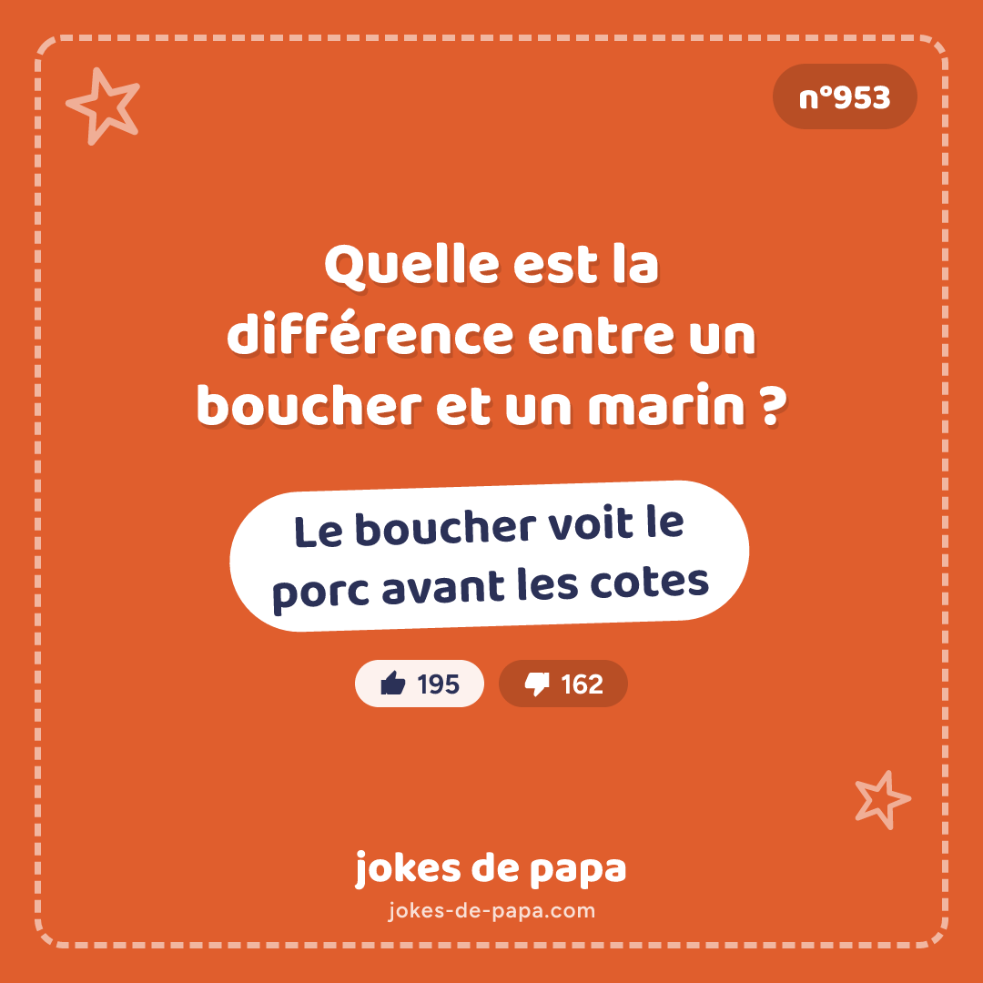 Blague n°953 en image : Quelle est la différence entre un boucher et un marin ? Le boucher voit le porc avant les cotes