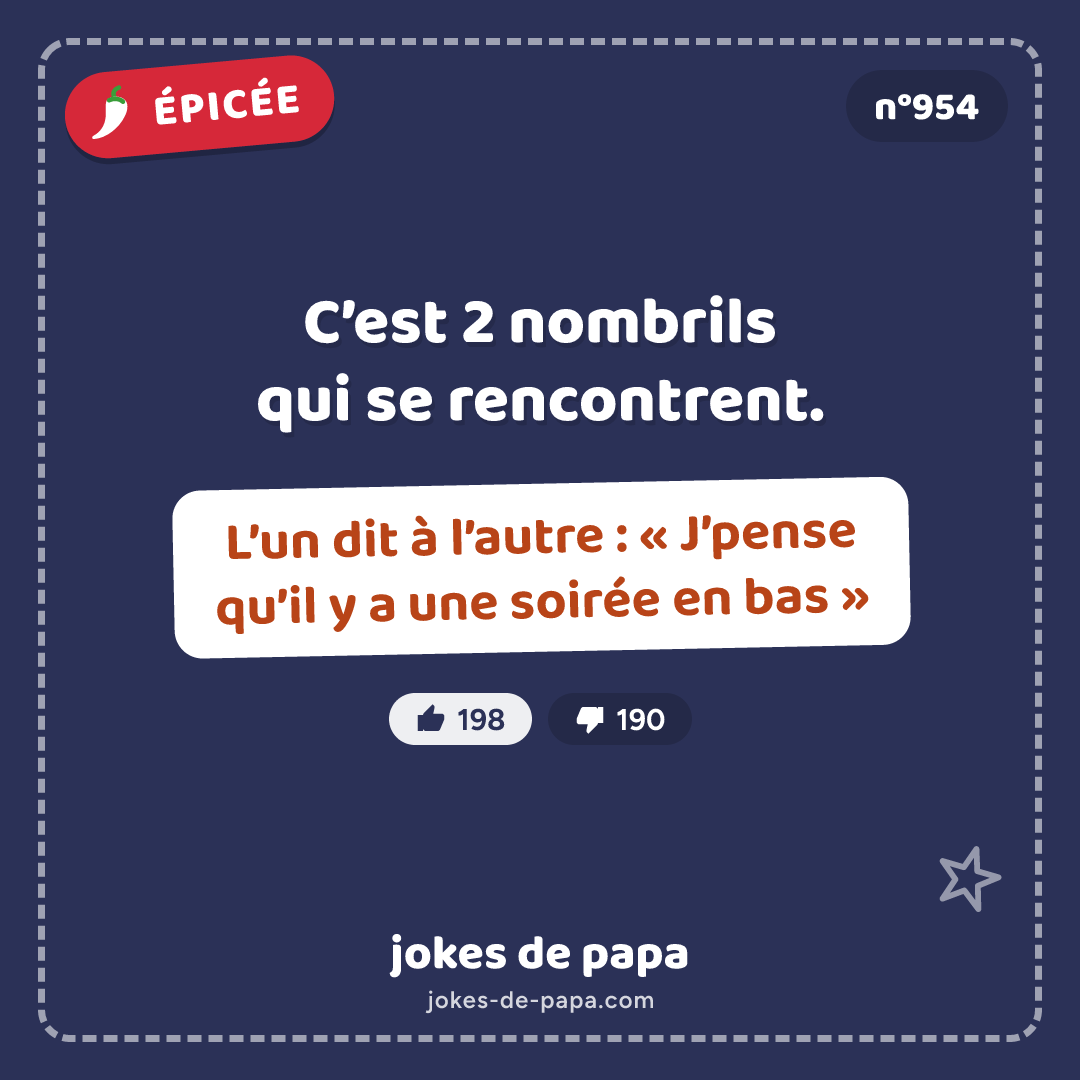 Blague n°954 en image : C’est 2 nombrils qui se rencontrent. L’un dit à l’autre : « J’pense qu’il y a une soirée en bas »