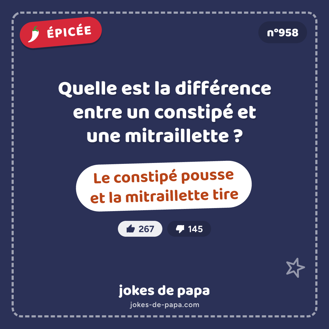 Blague n°958 en image : Quelle est la différence entre un constipé et une mitraillette ? Le constipé pousse et la mitraillette tire
