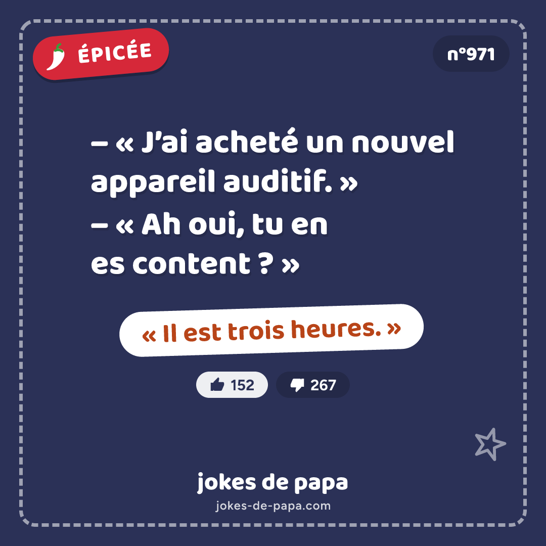 Blague n°971 en image : – « J’ai acheté un nouvel appareil auditif. » – « Ah oui, tu en es content ? » – « Il est trois heures. »