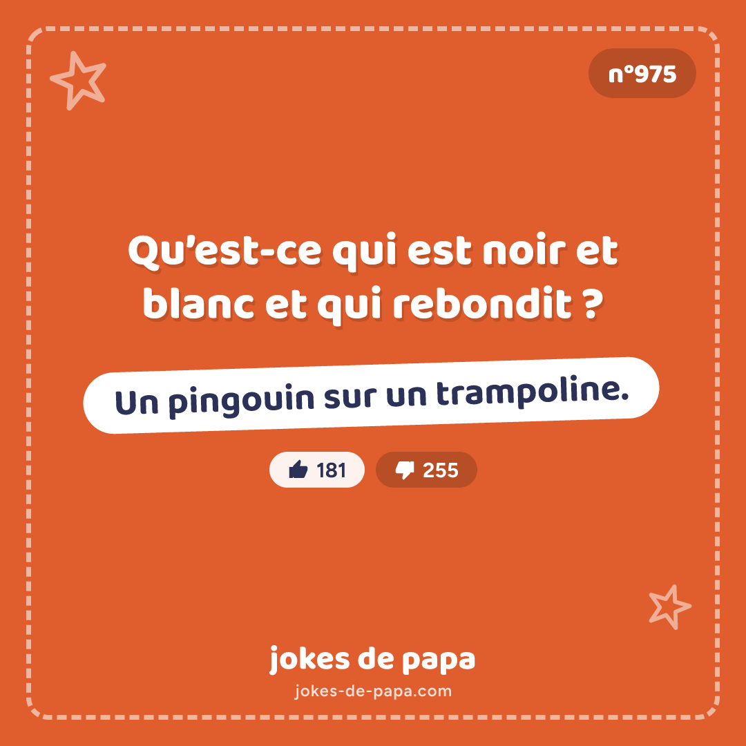 Blague n°975 en image : Qu’est-ce qui est noir et blanc et qui rebondit ? Un pingouin sur un trampoline.