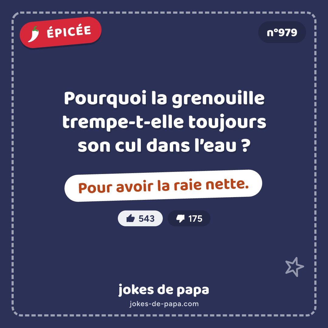 Blague n°979 en image : Pourquoi la grenouille trempe-t-elle toujours son cul dans l’eau ? Pour avoir la raie nette.