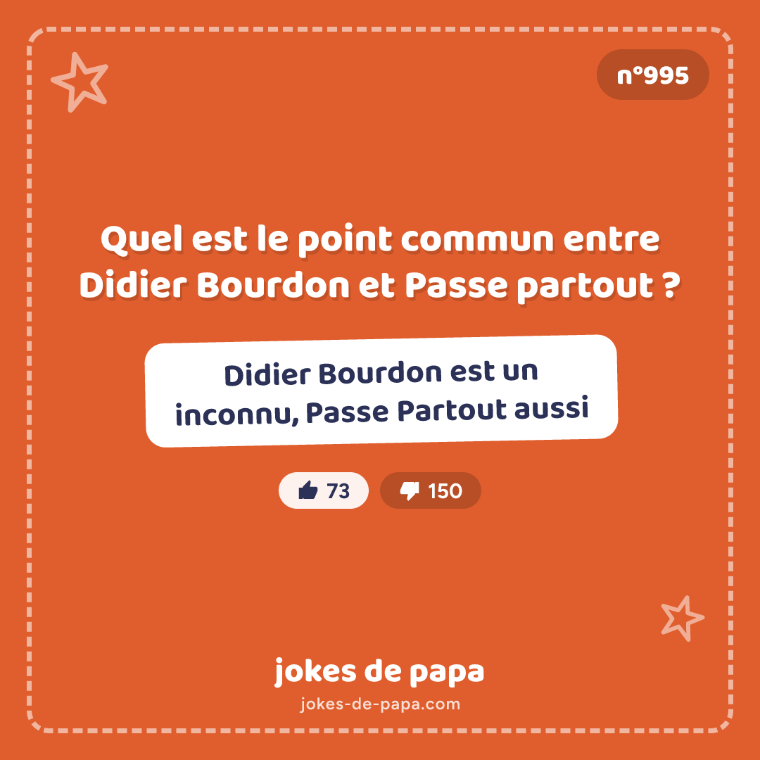 Blague n°995 en image : Quel est le point commun entre Didier Bourdon et Passe partout ? Didier Bourdon est un inconnu, Passe Partout aussi